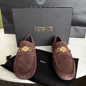 VERSACE 1009707 Medusa Men's Brown Suede Driver‎ Shoes, 40.5